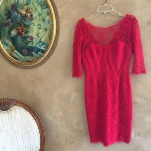 BCBGMaxazria rouged deep pink lace midi dress
